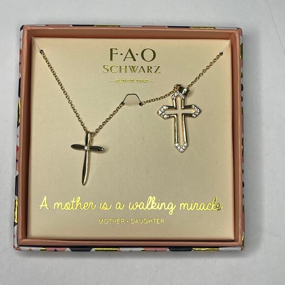 FAO Schwartz set of two necklaces gold tone daughter mother cross pendant jewelr - Picture 3 of 15